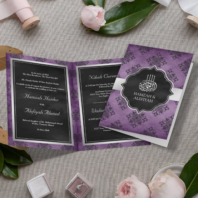 Invitation Russe Argent violet noir Damas musulman Mariage (Créateur téléchargé)