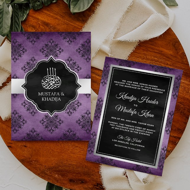 Invitation Russe Argent violet noir Damas musulman Mariage (Créateur téléchargé)