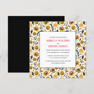 Invitation Russe Art populaire Jaune Fleurs Mariage
