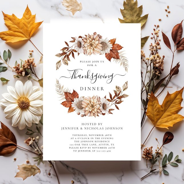 Invitation Russe Automne Floral Thanksgiving Dîner (Rustic Fall Floral Thanksgiving Dinner Invitation)
