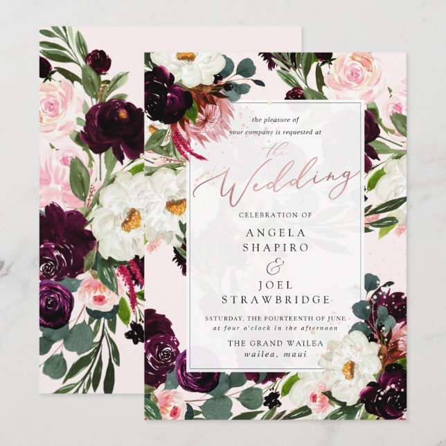 Invitation Russe Bloom Bourgogne Blush Roses d'aquarelle (Devant / Derrière)