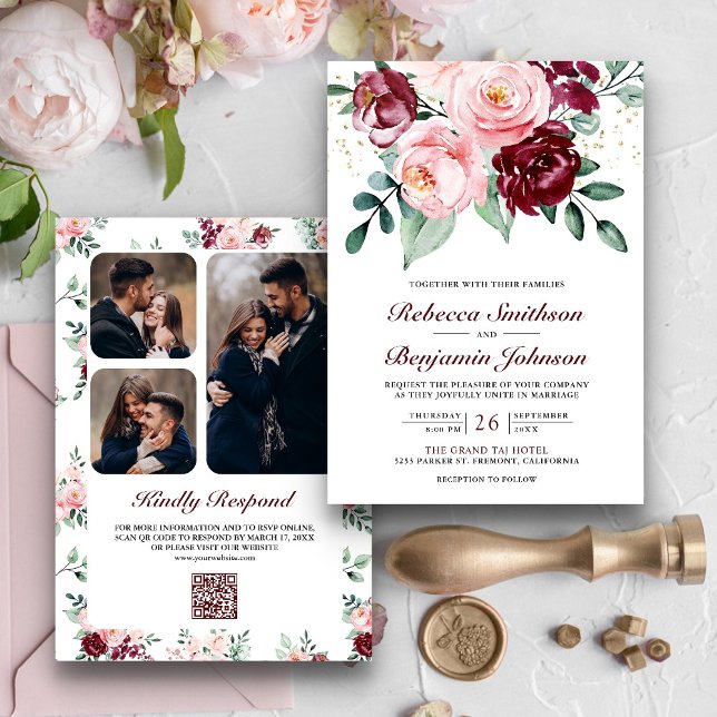 Invitation Russe Blush rose Bourgogne Floral QR Code Mariage (Créateur téléchargé)
