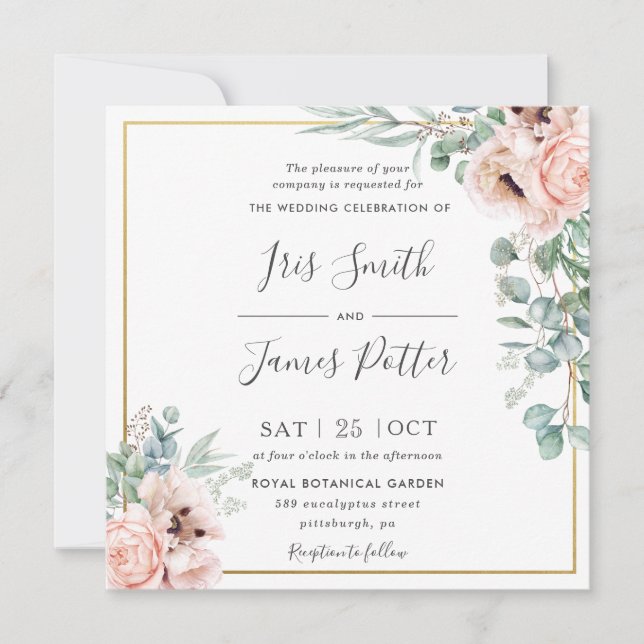 Invitation Russe Blush rose Floral Eucalyptus Mariage or (Devant)