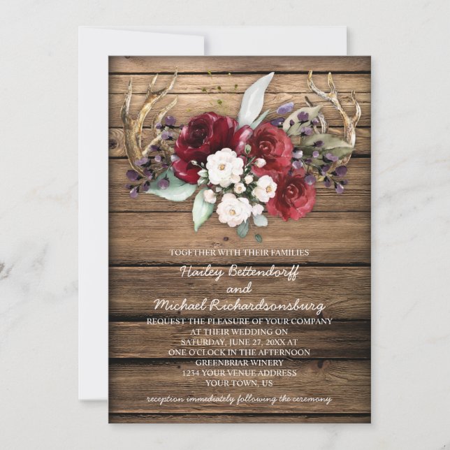 Invitation Russe Boho Bourgogne & Roses Blanches Antlers Mari (Devant)