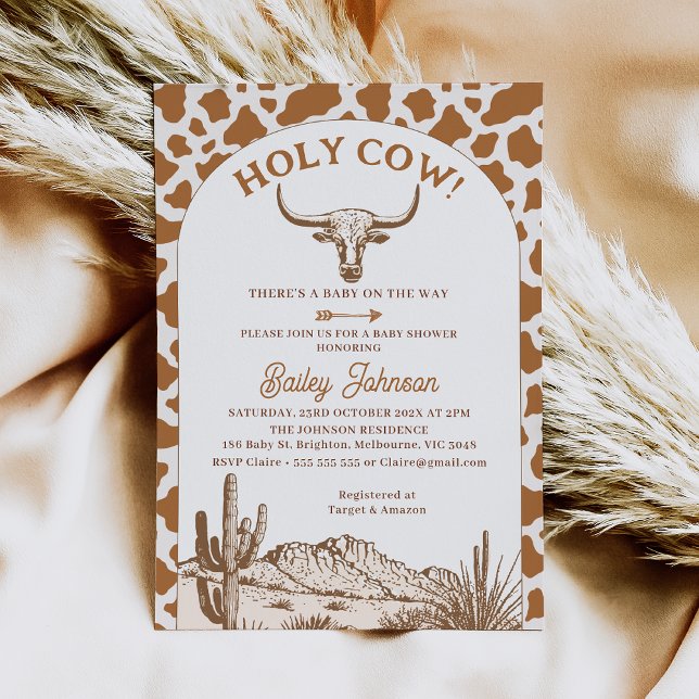Invitation Russe Boho Cow Imprimer Saint Baby shower de vache (Holy Cow Baby Shower Invitation, Brown Cow Print, Western Desert, Longhorn Cow, Cow Themed Shower)