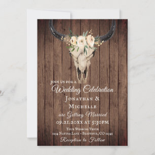 Invitation Russe Boho Floral Vache Crâne sur Mariage Barnwood