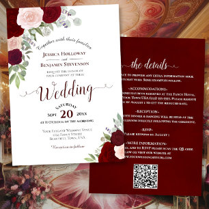 Invitation Russe Boho Rose Bourgogne Blush QR Code Mariage