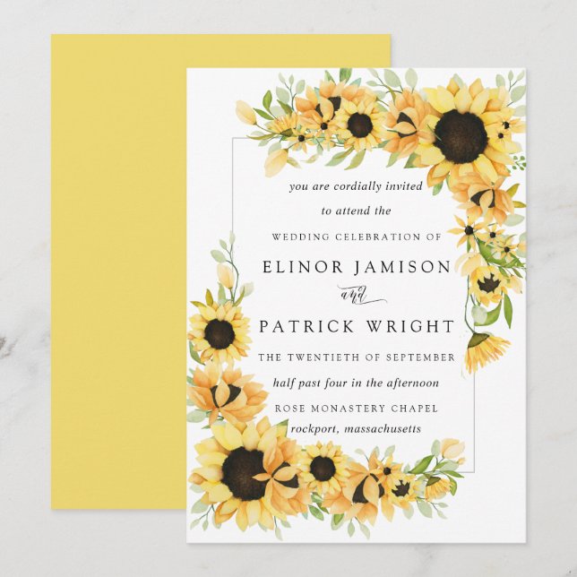 Invitation Russe Boho Yellow Sunflower Mariage d'été (Devant / Derrière)