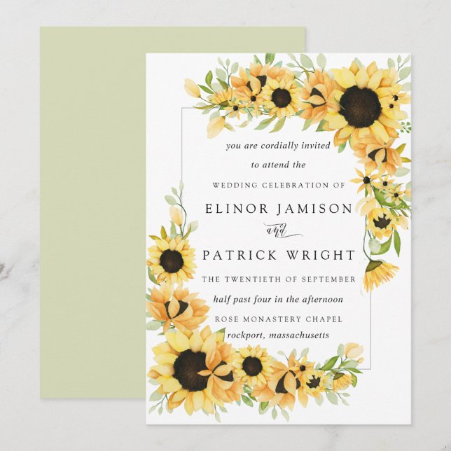 Invitation Russe Boho Yellow Sunflower Mariage d'été (Devant / Derrière)