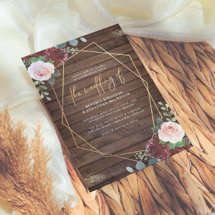 Invitation Russe Bois Bourgogne Rose or Mariage géométrique