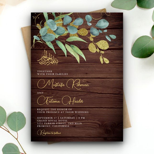 Invitation Russe Bois Eucalyptus Gold Branche Mariage islamiq (Créateur téléchargé)