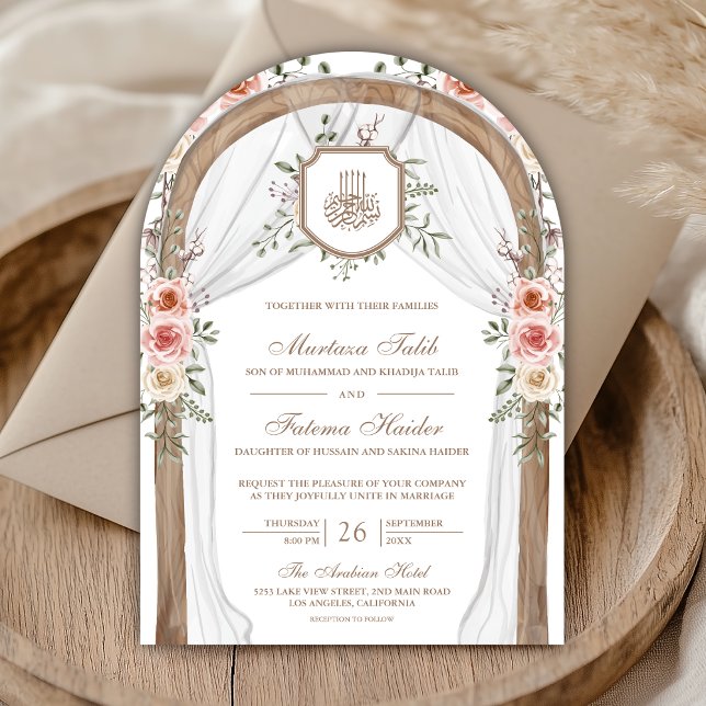Invitation Russe Bois Floral Arc islamique musulman Mariage (Créateur téléchargé)