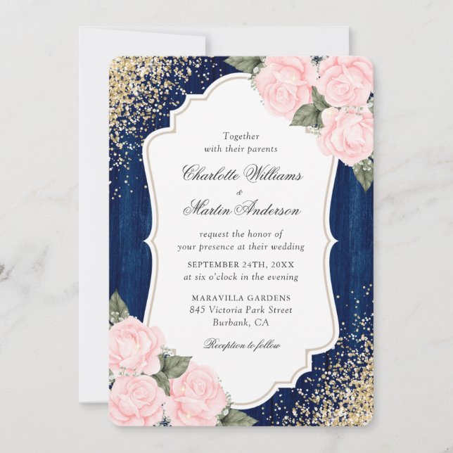 Invitation Russe Bois Marine Bleu Blush Rose Confetti Mariage (Devant)