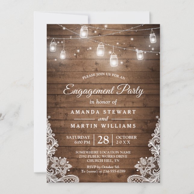 Invitation Russe Bois Mason Jar Lights Lace Engagement (Devant)