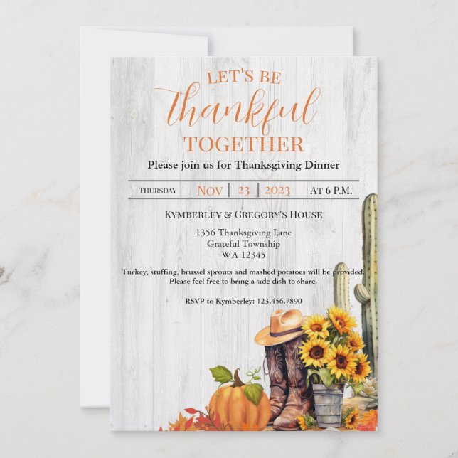 Invitation Russe Bois Ouest Tournesol Thanksgiving Dîner (Devant)