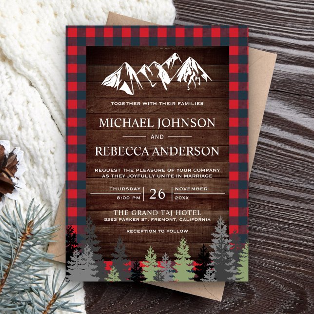 Invitation Russe Bois Rouge Buffalo Plaid Mariage de montagne (Créateur téléchargé)