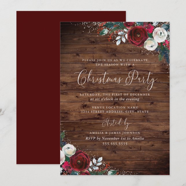 Invitation Russe Bourgogne Aquarelle Florale Neige Noël (Devant / Derrière)