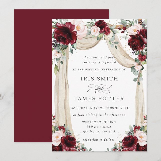 Invitation Russe Bourgogne Blush Floral Arch Mariage (Devant / Derrière)