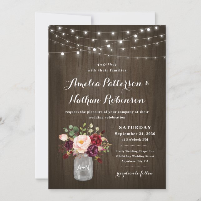 Invitation Russe Bourgogne Blush Floral Mason Jar Mariage (Devant)