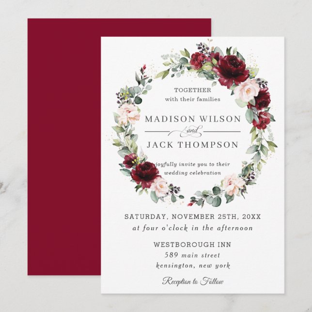 Invitation Russe Bourgogne Blush Rose Floral Mariage (Devant / Derrière)