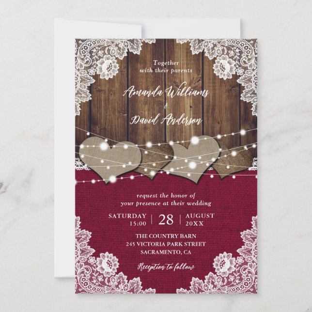 Invitation Russe Bourgogne Grange Bois Burlap Mariage dentell (Devant)