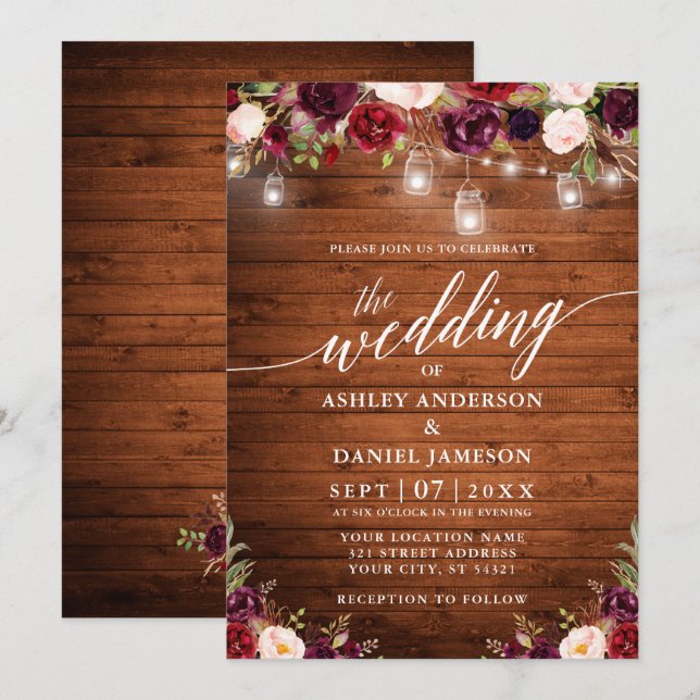 Invitation Russe Bourgogne Jar Lights Mariage de calligraphie (Devant / Derrière)