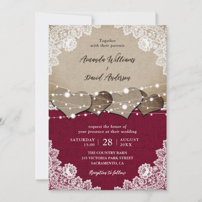 Invitation Russe Bourgogne Mariage de dentelle Burlap (Devant)