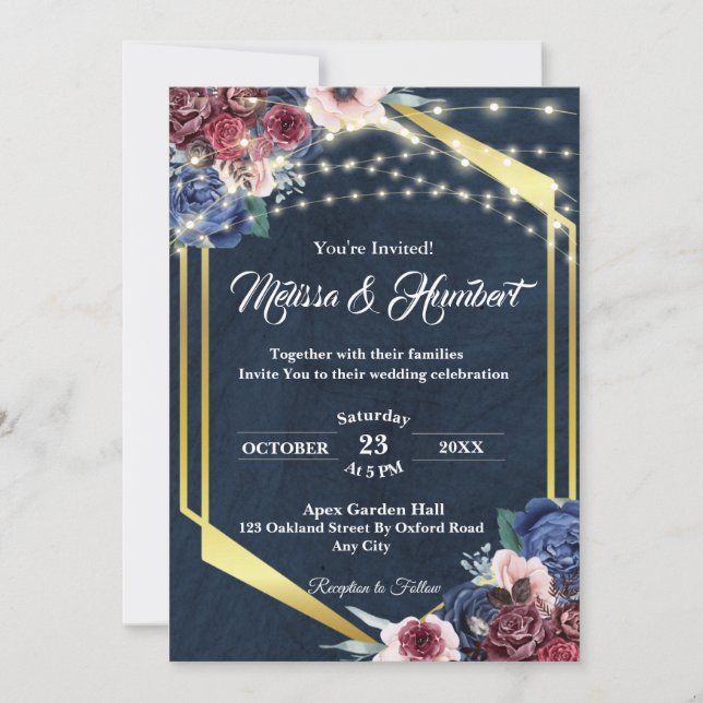 Invitation Russe Bourgogne Marine Bleu Or Mariage géométrique (Devant)