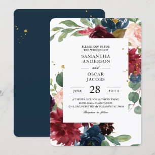 Invitation Russe Bourgogne Marine Bleu & Rouge Cadre Floral