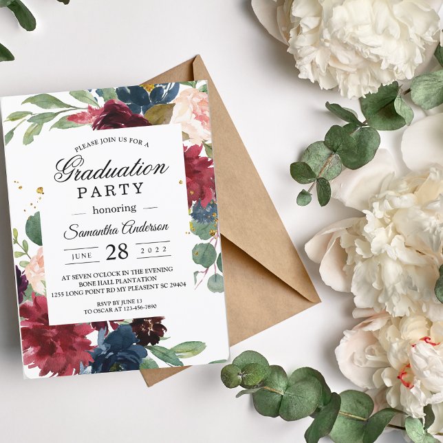 Invitation Russe Bourgogne Marine Bleu & Rouge Cadre Floral (Créateur téléchargé)