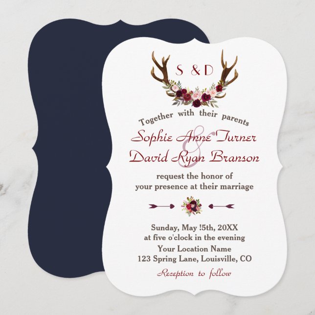 Invitation Russe Bourgogne Marsala Floral Antlers Mariage (Devant / Derrière)