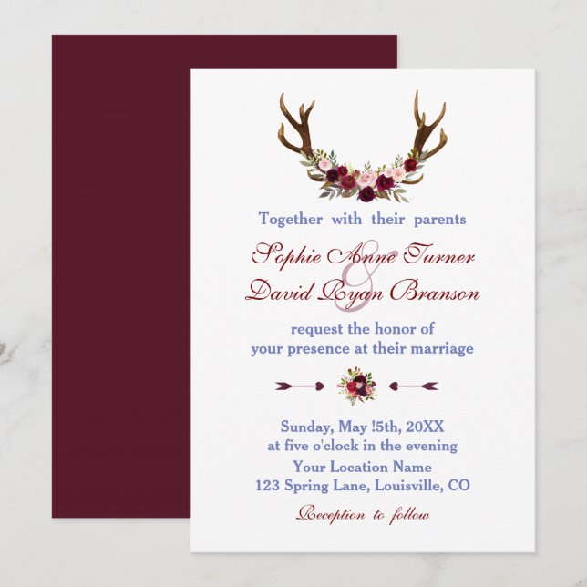 Invitation Russe Bourgogne Marsala Floral Antlers Mariage (Devant / Derrière)