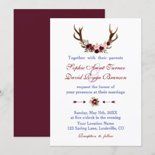 Invitation Russe Bourgogne Marsala Floral Antlers Mariage