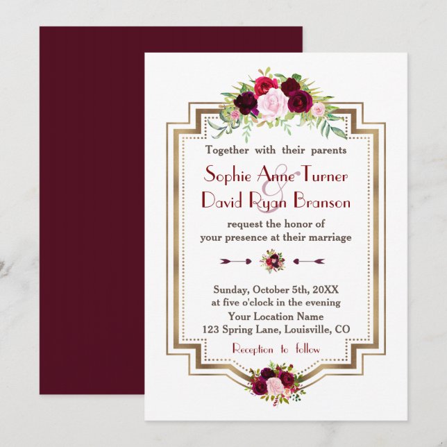 Invitation Russe Bourgogne Marsala Floral Mariage de automne  (Devant / Derrière)