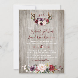 Invitation Russe Bourgogne rose Floral Antlers Mariage en boi