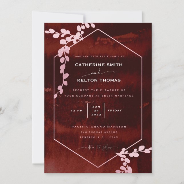 Invitation Russe Bourgogne rose Mariage floral géométrique In (Devant)