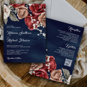 Invitation Russe Bourgogne Rose QR Code Mariage bleu marine