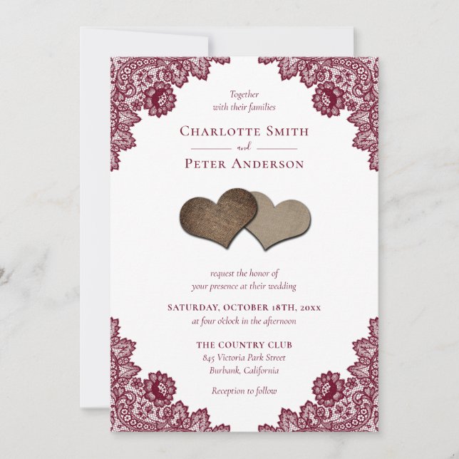 Invitation Russe Bourgogne Rouge Burlap et Mariage de dentell (Devant)