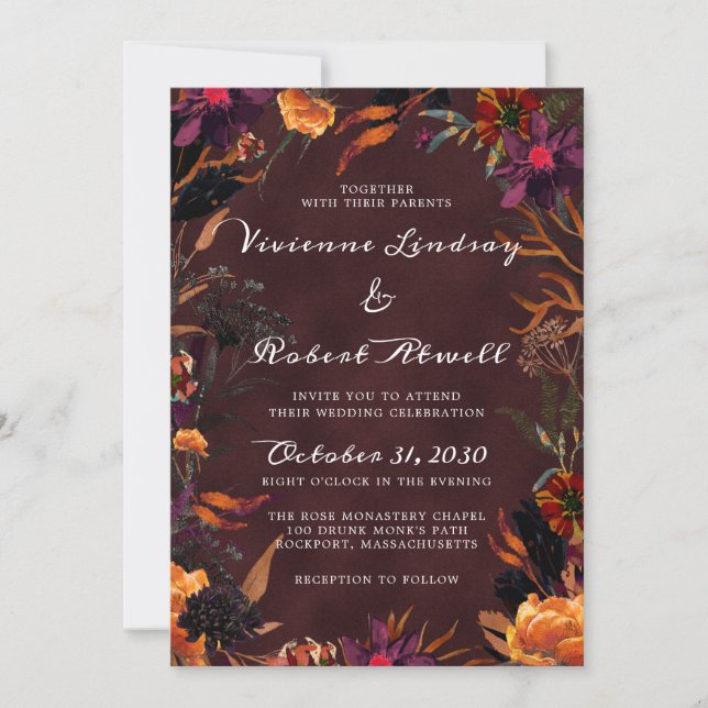 Invitation Russe Bourgogne Rouge Orange Purple Automne Floral (Devant)
