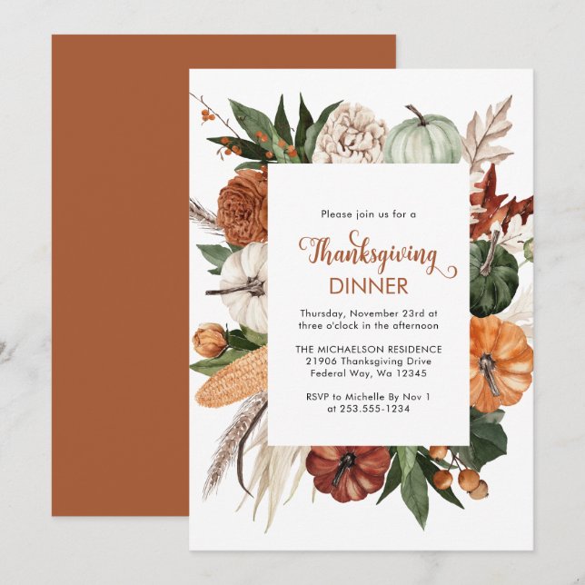 Invitation Russe Brown Citrouille Thanksgiving Dîner (Devant / Derrière)