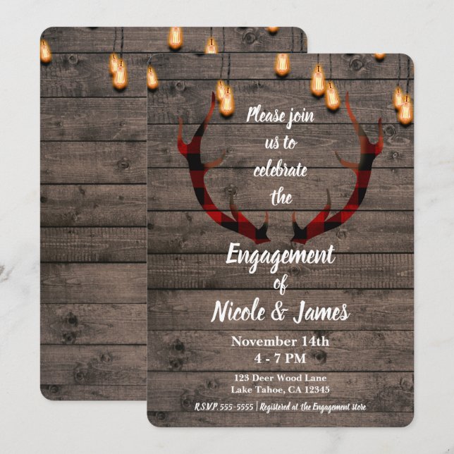 Invitation Russe Buffalo Plaid Deer Antlers (Devant / Derrière)