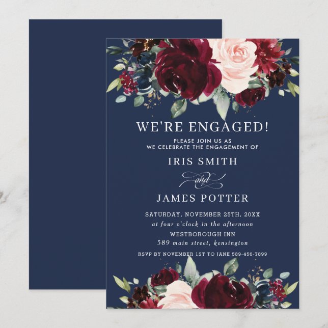 Invitation Russe Burgundy Blush Navy Floral Engagement Party (Devant / Derrière)