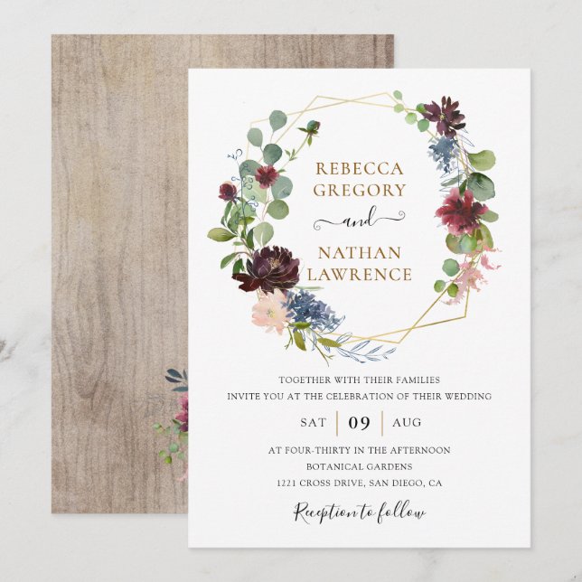 Invitation Russe Burgundy Navy Floral Mariage géométrique (Devant / Derrière)