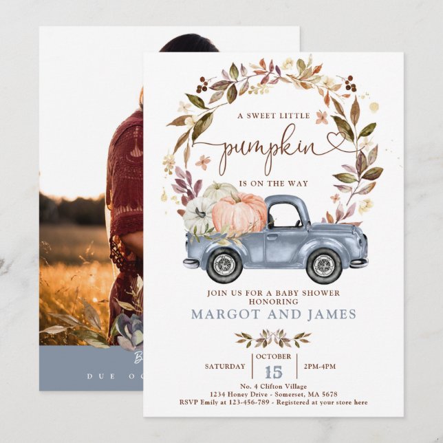 Invitation Russe Citrouille Camion Dusty Baby shower bleu (Devant / Derrière)
