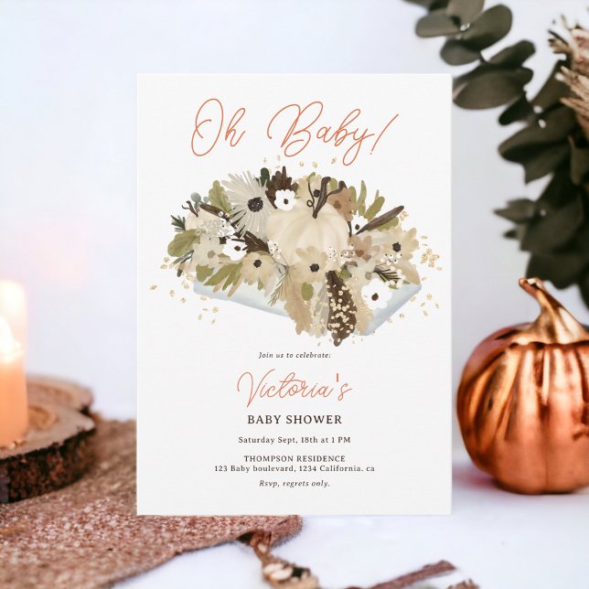 Invitation Russe citrouille floral neutre Oh baby shower (Rustic pumpkin floral neutral Oh baby shower Invitation)