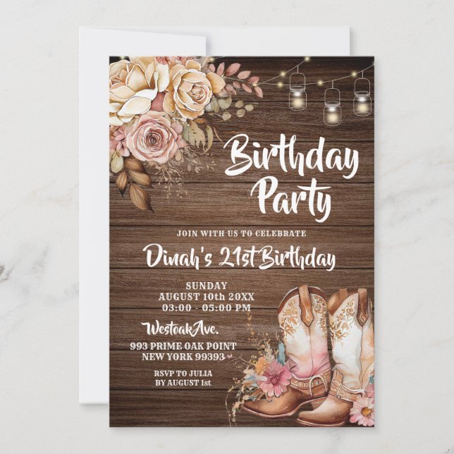 Invitation Russe Country Boots Cowgirl Floral Anniversaire (Devant)