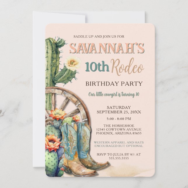Invitation Russe Cowgirl Floral Cactus Rodéo Anniversaire (Devant)