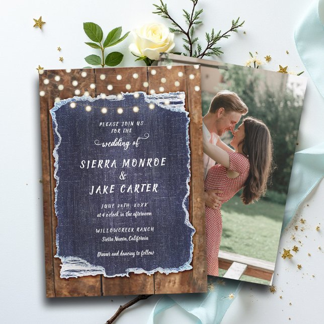 Invitation Russe Denim Grange Lumières Pays Cowboy Mariage (cowboy wedding invitation country chic denim rustic barn lights backyard outdoors elegant classy)