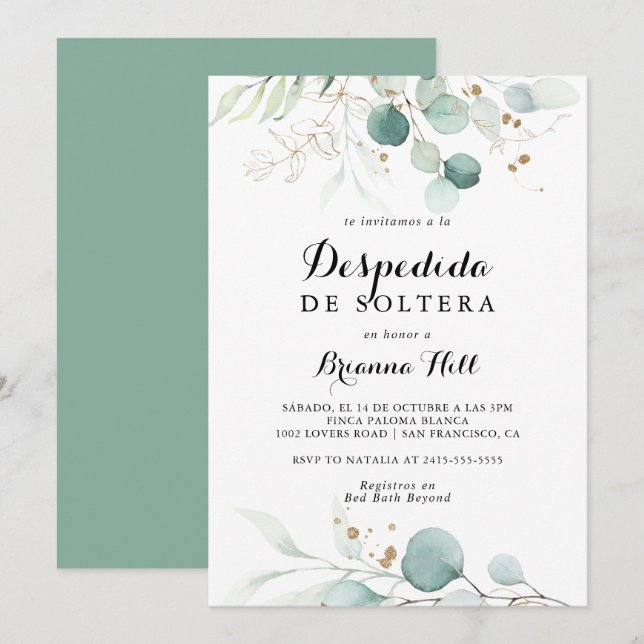 Invitation Russe Eucalyptus Gold Fête des mariées espagnole (Devant / Derrière)