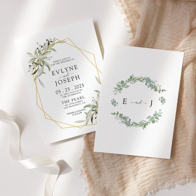 Invitation Russe Eucalyptus Mariage de cadre géométrique or (Créateur téléchargé)